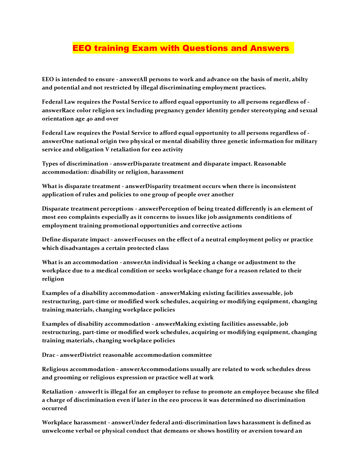 EEO training Exam with Questions and Answers Browsegrades
